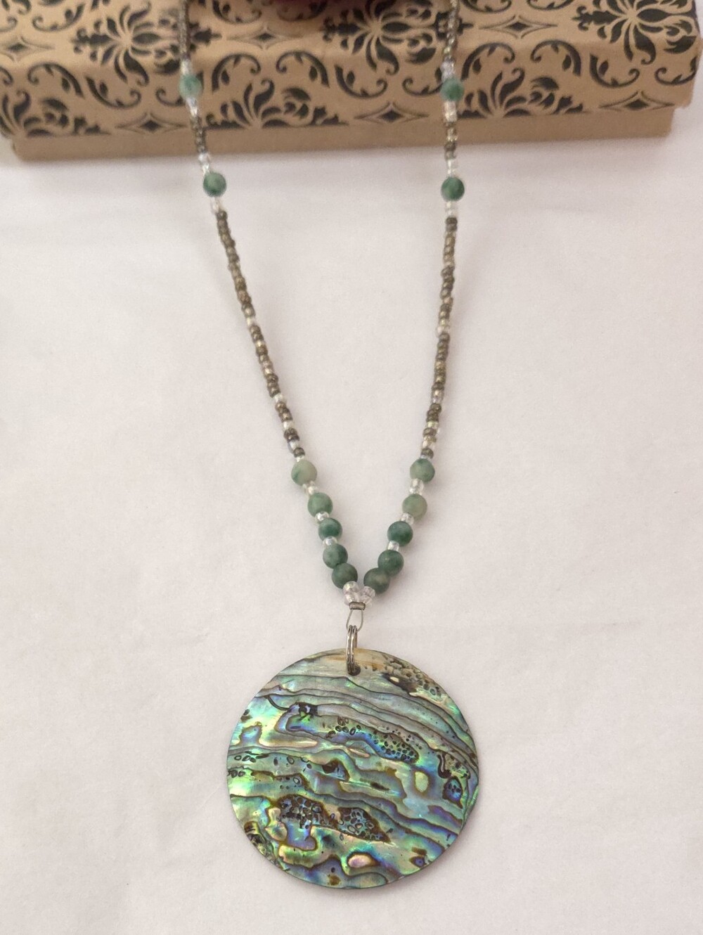 Handmade Abalone Shell & Green Stone Beaded Necklace Pendant Necklace